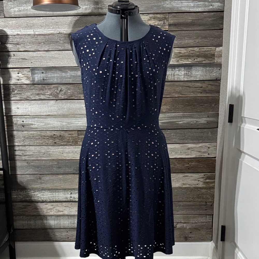Chic Navy Blue Eyelet Midi Dress